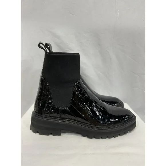 Loeffler Randall 'Bridget' Black Croc Embossed Leather Chelsea Combat Boots