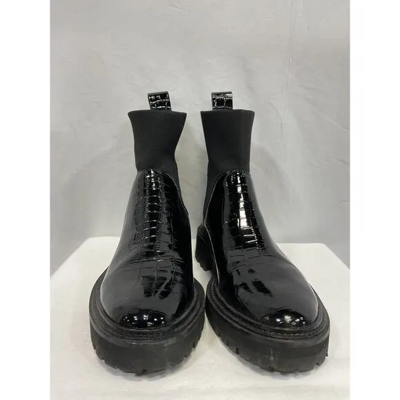 Loeffler Randall 'Bridget' Black Croc Embossed Leather Chelsea Combat Boots