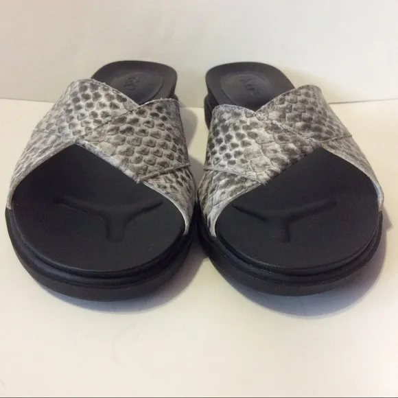 LOGO Jill Gray and Black Leather Snake Print Slide Sandals Size 7.5