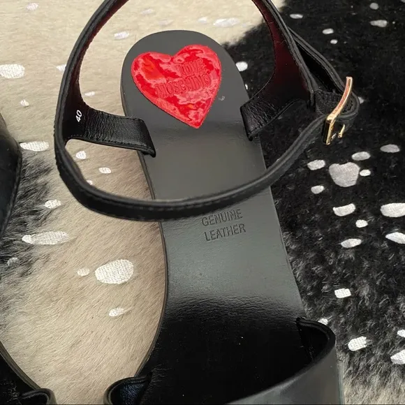 Love Moschino Black Leather Low Heel Sandals with Red Hearts and Ankle Straps