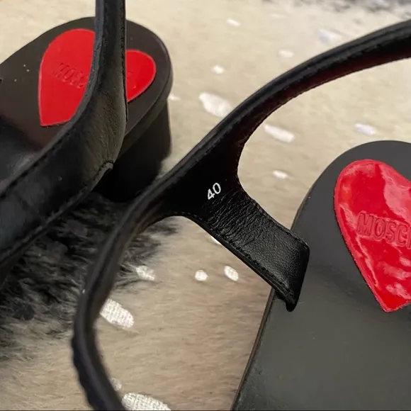 Love Moschino Black Leather Low Heel Sandals with Red Hearts and Ankle Straps