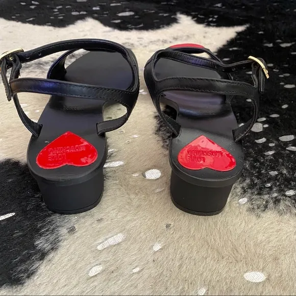 Love Moschino Black Leather Low Heel Sandals with Red Hearts and Ankle Straps