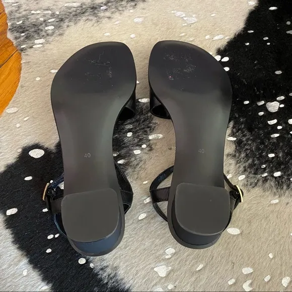 Love Moschino Black Leather Low Heel Sandals with Red Hearts and Ankle Straps
