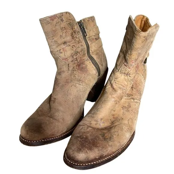 Lucchesse Catalina Ankle Boots Distressed Side Zip Leather Brown Floral 10 B