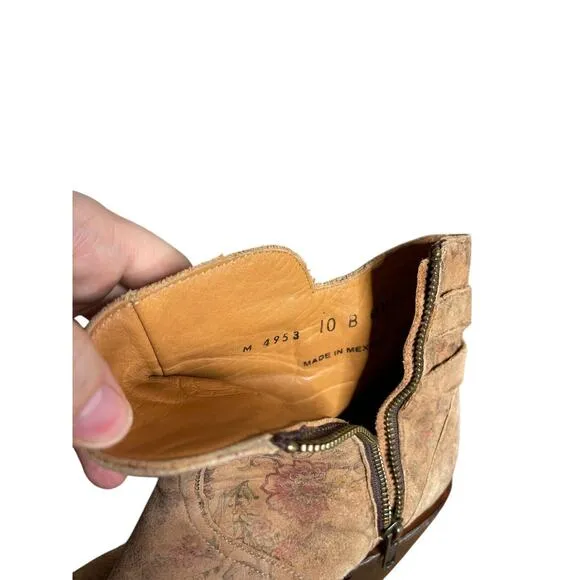 Lucchesse Catalina Ankle Boots Distressed Side Zip Leather Brown Floral 10 B