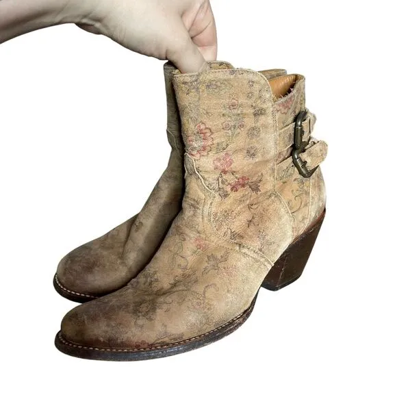 Lucchesse Catalina Ankle Boots Distressed Side Zip Leather Brown Floral 10 B