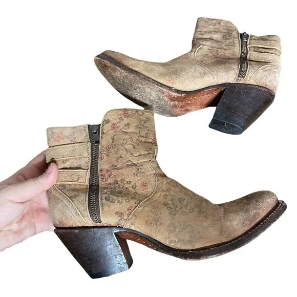 Lucchesse Catalina Ankle Boots Distressed Side Zip Leather Brown Floral 10 B