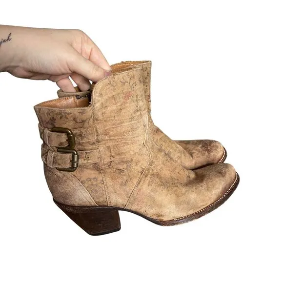 Lucchesse Catalina Ankle Boots Distressed Side Zip Leather Brown Floral 10 B