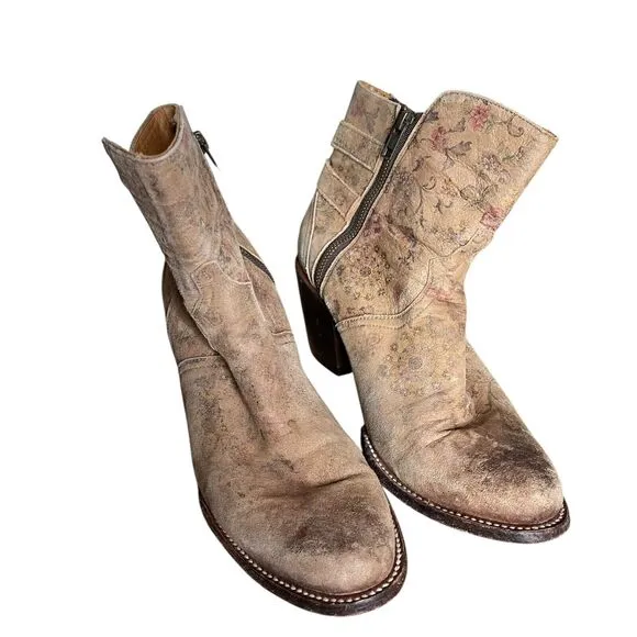 Lucchesse Catalina Ankle Boots Distressed Side Zip Leather Brown Floral 10 B