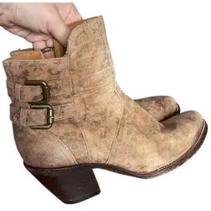 Lucchesse Catalina Ankle Boots Distressed Side Zip Leather Brown Floral 10 B