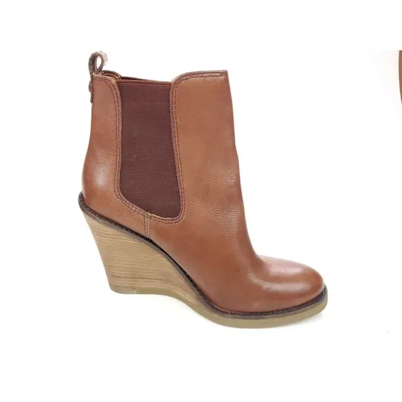 LUCKY BRAND 6.5 M Boots LK-Fedora Brown Leather Wedge Ankle Chelsea Booties