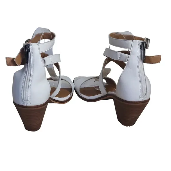 Lucky Brand White Leather Ressia Double Ankle Strap Block Heel Sandals
