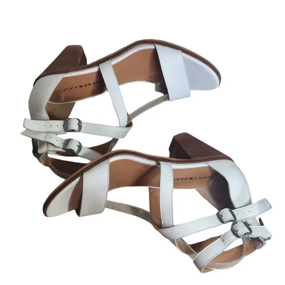 Lucky Brand White Leather Ressia Double Ankle Strap Block Heel Sandals