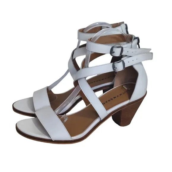 Lucky Brand White Leather Ressia Double Ankle Strap Block Heel Sandals