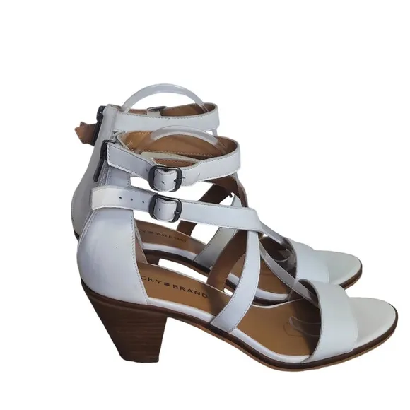 Lucky Brand White Leather Ressia Double Ankle Strap Block Heel Sandals