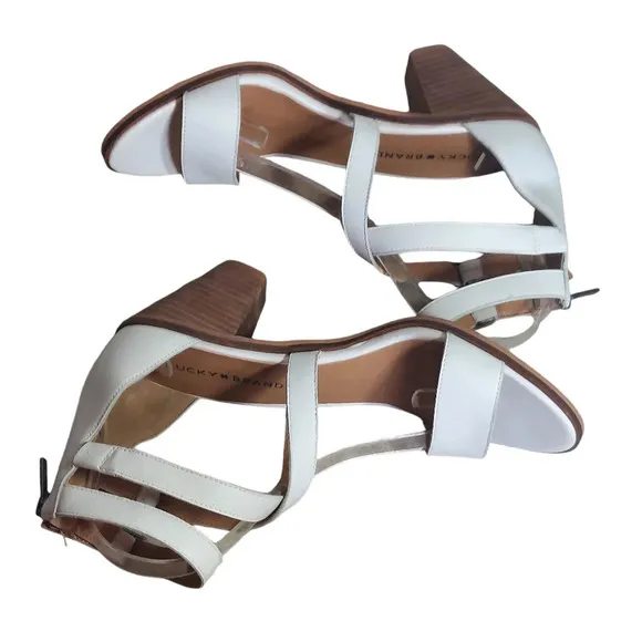 Lucky Brand White Leather Ressia Double Ankle Strap Block Heel Sandals