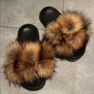Luxurious Fur Slides in Black and Brown, Super Comfy and Light weight,Raccon fur