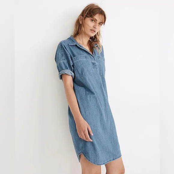 Madewell Denim Short-Sleeve Popover Shirtdress in Waltham Wash M