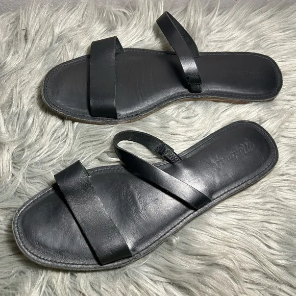 Madewell The Boardwalk Double-Strap Slide Sandal in Leather Black Size 10