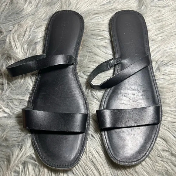 Madewell The Boardwalk Double-Strap Slide Sandal in Leather Black Size 10