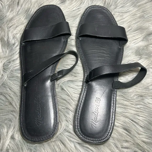 Madewell The Boardwalk Double-Strap Slide Sandal in Leather Black Size 10