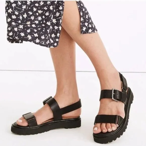 Madewell the Cady Lugsole Chunky Sandals Black Leather Size 10