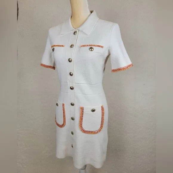 Maje - ivory white gold button front short sleeve mini blazer collard dress