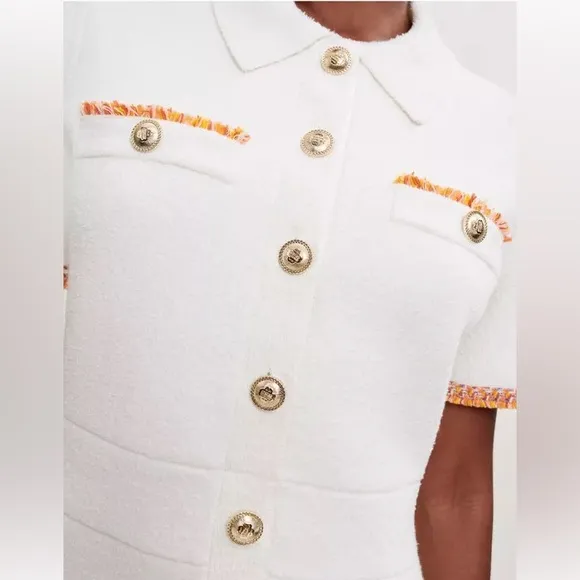 Maje - ivory white gold button front short sleeve mini blazer collard dress