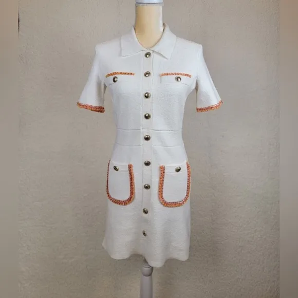 Maje - ivory white gold button front short sleeve mini blazer collard dress