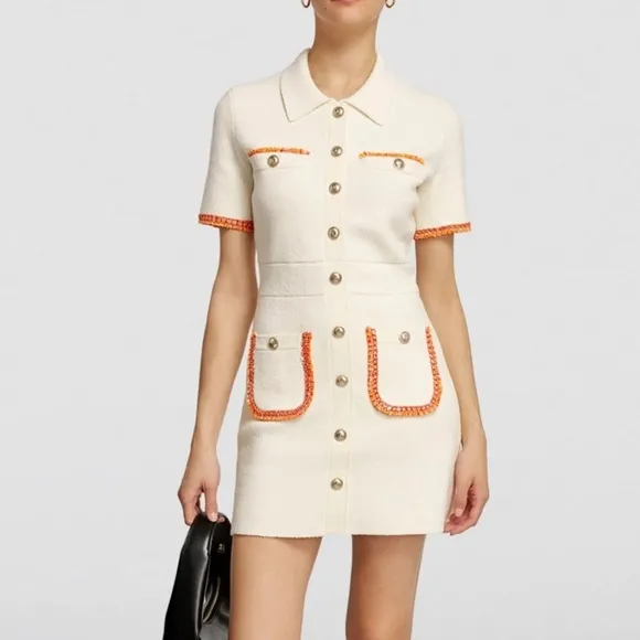 Maje - ivory white gold button front short sleeve mini blazer collard dress