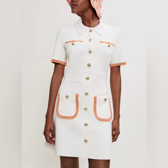 Maje - ivory white gold button front short sleeve mini blazer collard dress