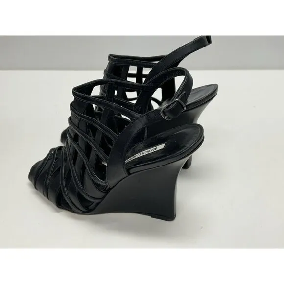 MANOLO BLAHNIK Open Toe Sandals Black Leather Women’s Size 41 Wedge