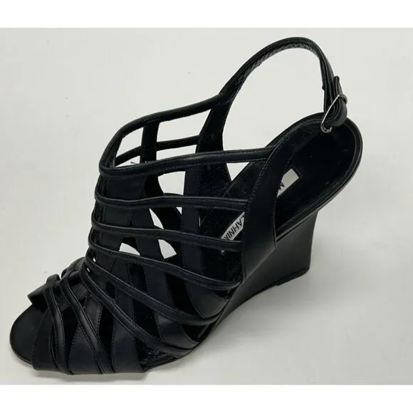 MANOLO BLAHNIK Open Toe Sandals Black Leather Women’s Size 41 Wedge