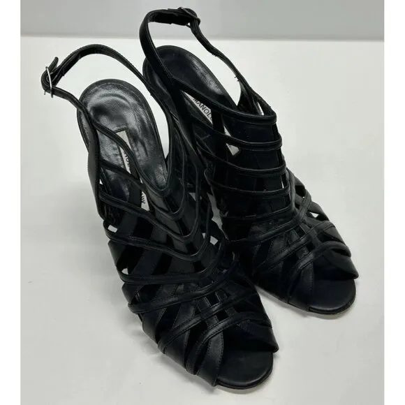 MANOLO BLAHNIK Open Toe Sandals Black Leather Women’s Size 41 Wedge