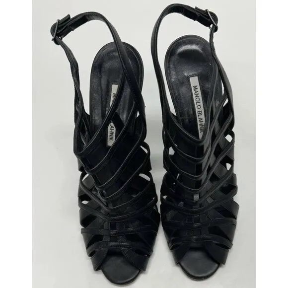 MANOLO BLAHNIK Open Toe Sandals Black Leather Women’s Size 41 Wedge