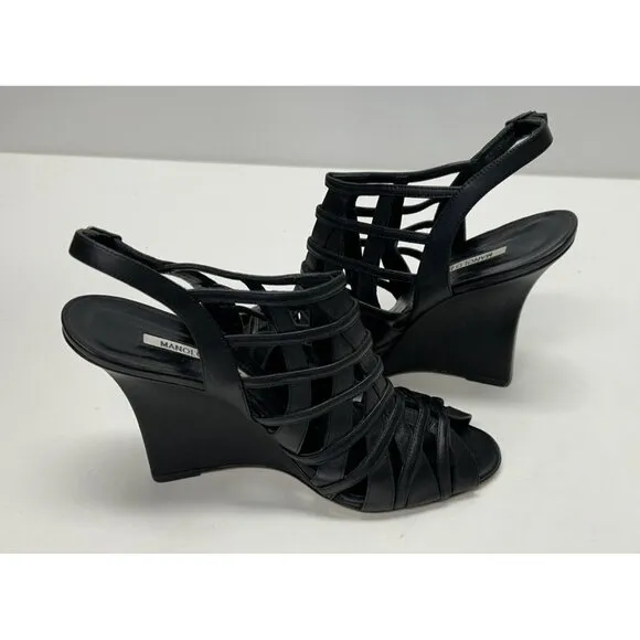 MANOLO BLAHNIK Open Toe Sandals Black Leather Women’s Size 41 Wedge