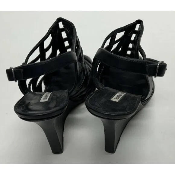MANOLO BLAHNIK Open Toe Sandals Black Leather Women’s Size 41 Wedge