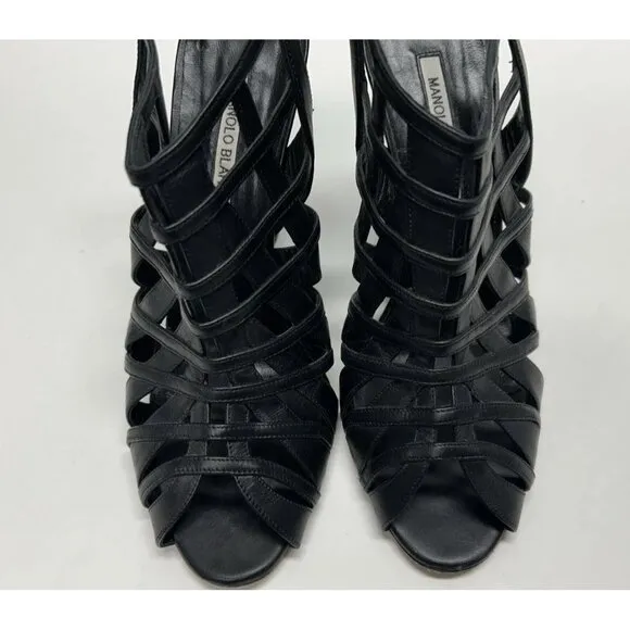 MANOLO BLAHNIK Open Toe Sandals Black Leather Women’s Size 41 Wedge