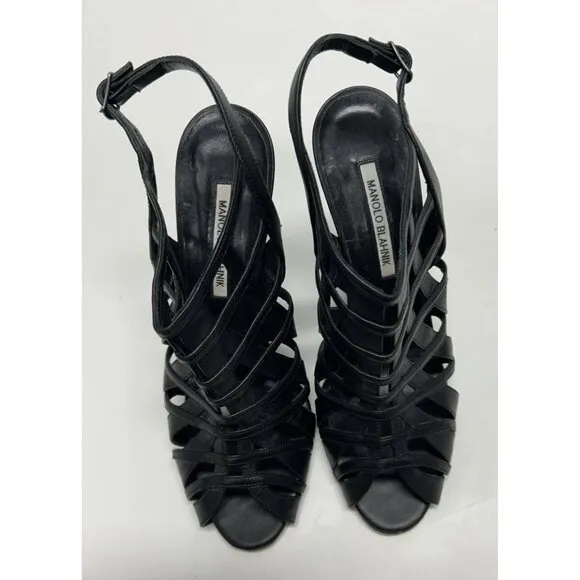 MANOLO BLAHNIK Open Toe Sandals Black Leather Women’s Size 41 Wedge
