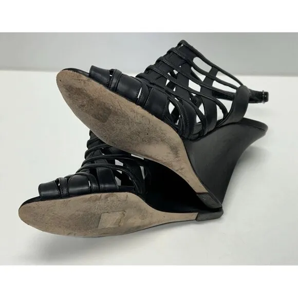 MANOLO BLAHNIK Open Toe Sandals Black Leather Women’s Size 41 Wedge