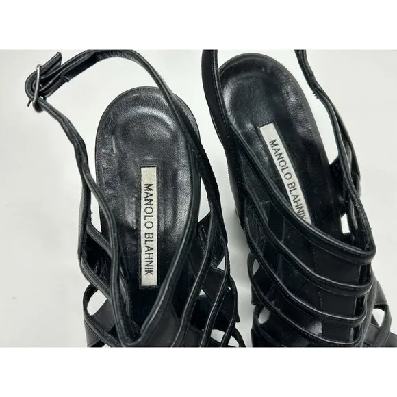 MANOLO BLAHNIK Open Toe Sandals Black Leather Women’s Size 41 Wedge