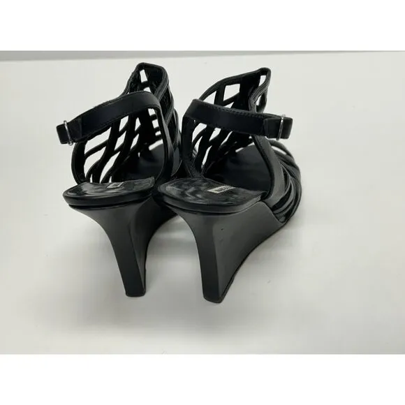 MANOLO BLAHNIK Open Toe Sandals Black Leather Women’s Size 41 Wedge