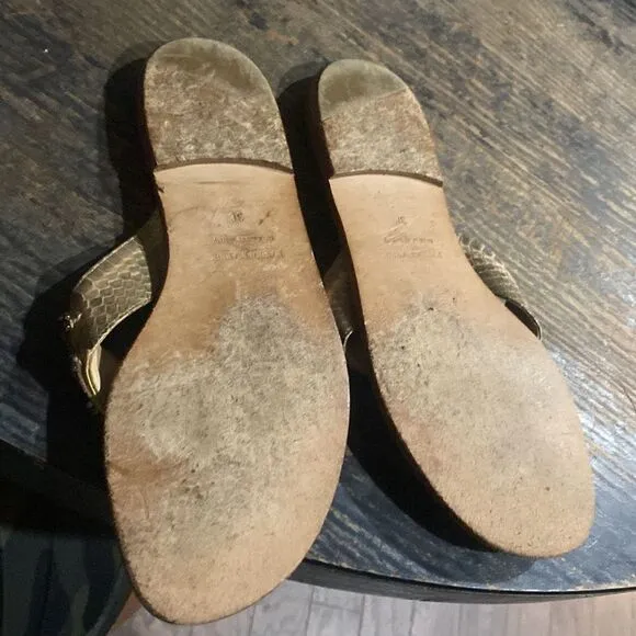 MANOLO BLAHNIK Gold  reptile pescatarian leather thong sandals sz38