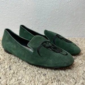 Mara &amp; Mine Jem Skull Slippers green Embroidered bull Suede Leather Flats