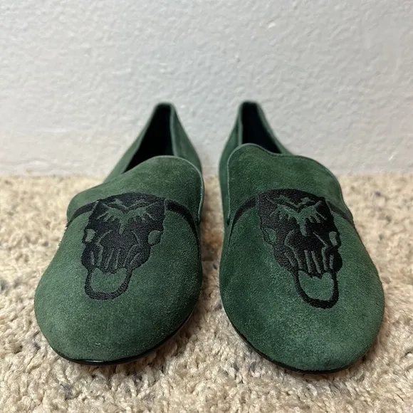 Mara &amp; Mine Jem Skull Slippers green Embroidered bull Suede Leather Flats