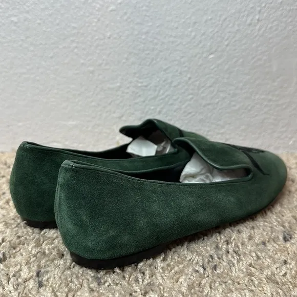 Mara &amp; Mine Jem Skull Slippers green Embroidered bull Suede Leather Flats
