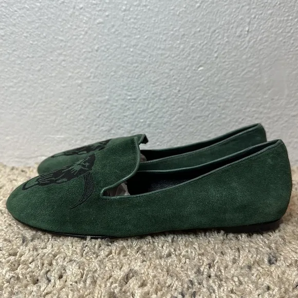 Mara &amp; Mine Jem Skull Slippers green Embroidered bull Suede Leather Flats