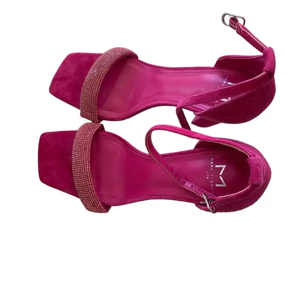 MARC FISHER LTD SANDALS PINK LEATHER SUEDE RHINESTONE OPEN TOE ANKLE STRAP HEELS