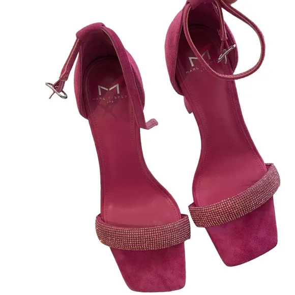 MARC FISHER LTD SANDALS PINK LEATHER SUEDE RHINESTONE OPEN TOE ANKLE STRAP HEELS
