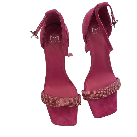 MARC FISHER LTD SANDALS PINK LEATHER SUEDE RHINESTONE OPEN TOE ANKLE STRAP HEELS